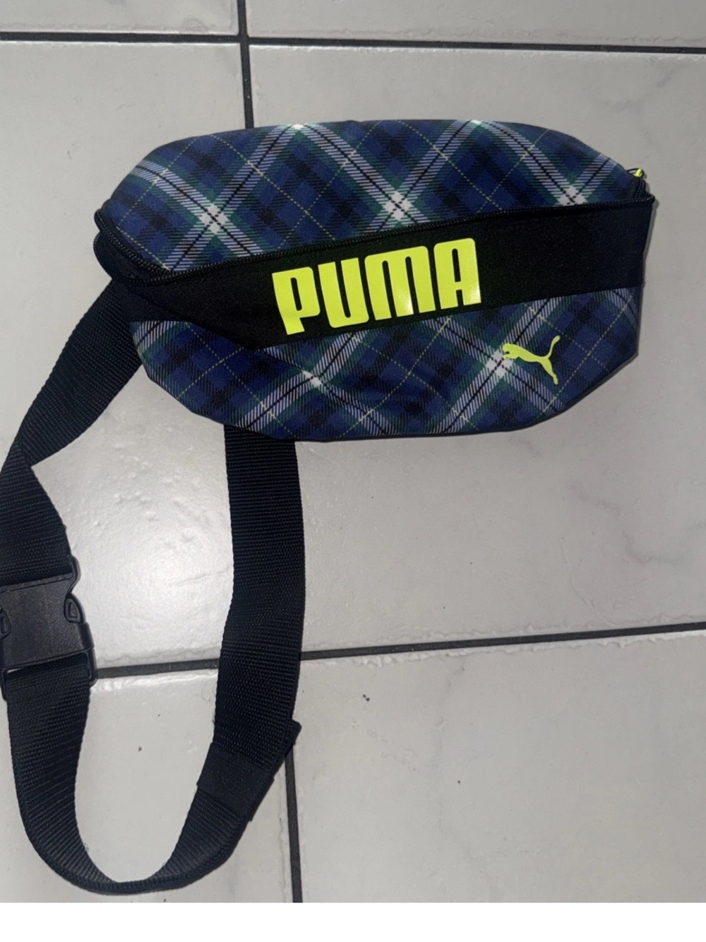 Puma Plaid Belt Bag with Neon Yellow Logo